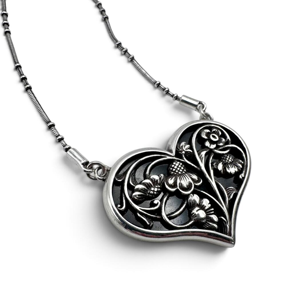 Brighton Reversible Floral Filigree Heart Necklace Silver Black